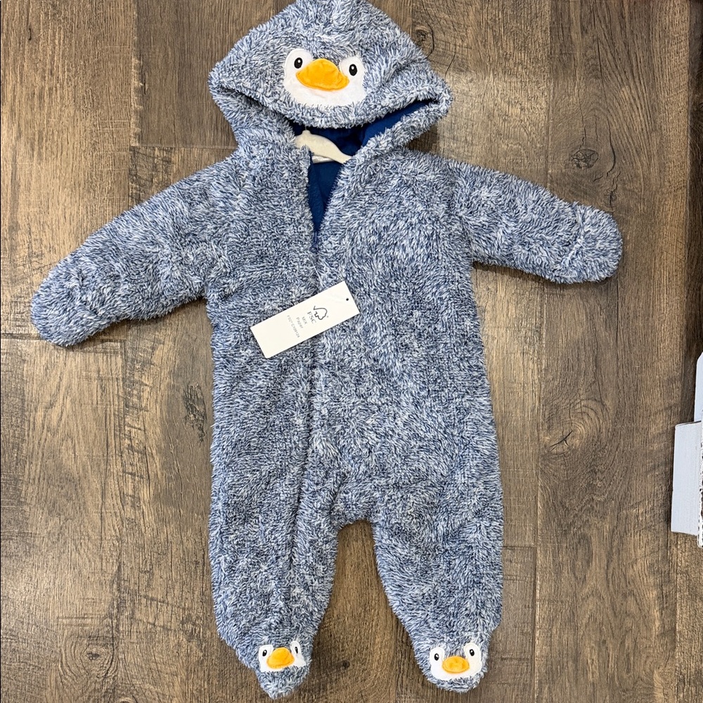 NWT Koala Kids Blue Plush Penguin Hooded Footed One-Piece